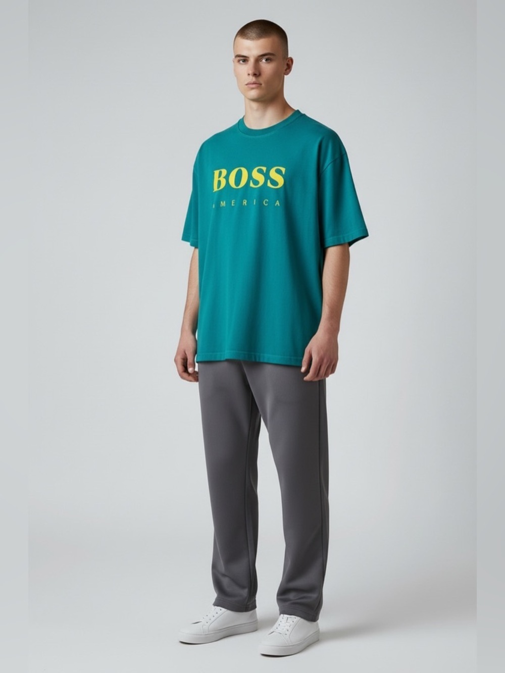 Vintage BOSS America Teal Green and Yellow Men's Shirt Large